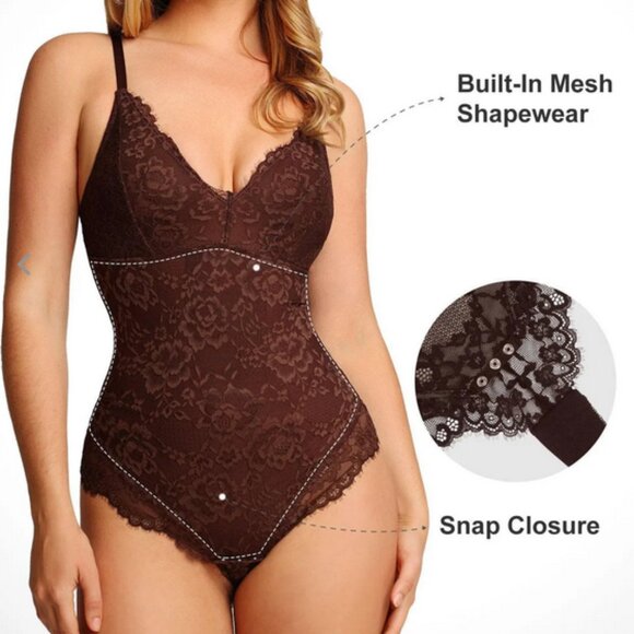 Shapewear Firm Control Smoothing Full Lace Thong Bodysuit Brown L - Picture 2 of 5